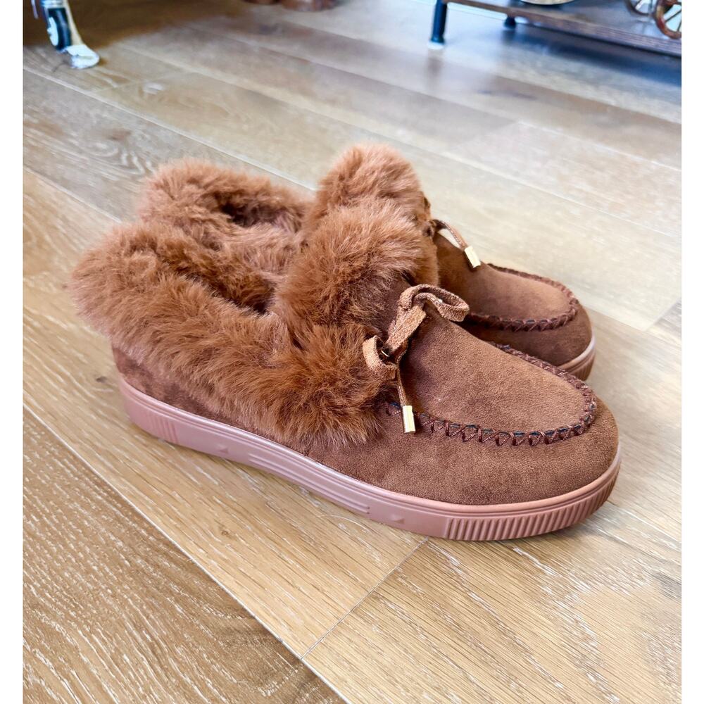 Brown Faux Fur Suede Slippers House Shoes MukLuk Moccasins 7